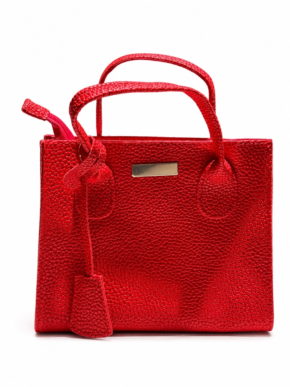 Red Pebbled Faux Leather Mini Satchel Crossbody Bag Structured Top Handle